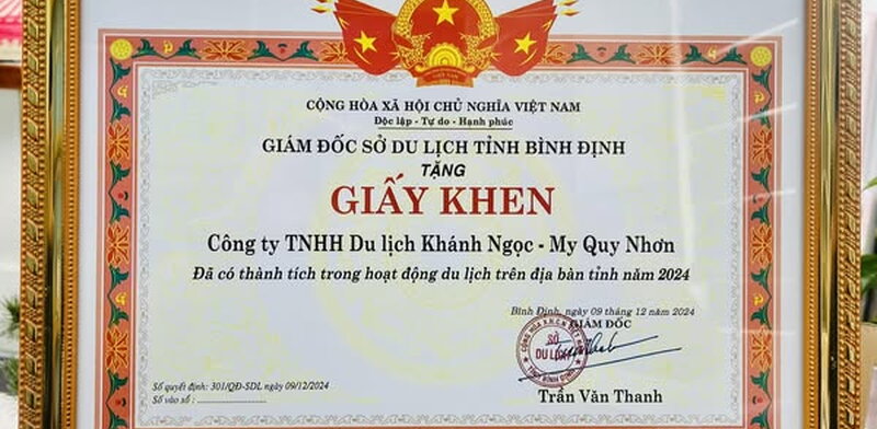  My Quy Nhơn tourist Nhận Giấy Khen Từ Sở Du Lịch Bình Định: Vinh Dự Và Động Lực Phát Triển